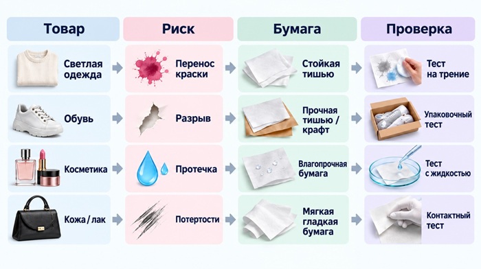 подбор бумаги для светлой одежды, обуви, косметики и кожаных аксессуаров по основному риску и способу проверки