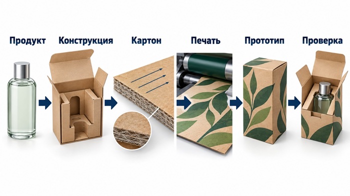 Картон выбирают последовательно: от характеристик продукта и конструкции упаковки до печати, изготовления прототипа и проверки готовой коробки