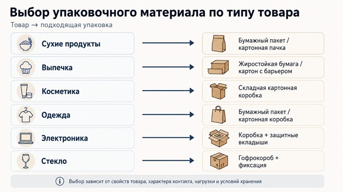 Материал упаковки выбирают с учетом свойств товара, характера контакта, механической нагрузки и условий хранения.